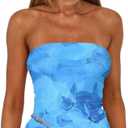 Women Summer Asymmetrical Mesh Strapless Tube Tops Going Out Outfits (Medium, Blue Floral)