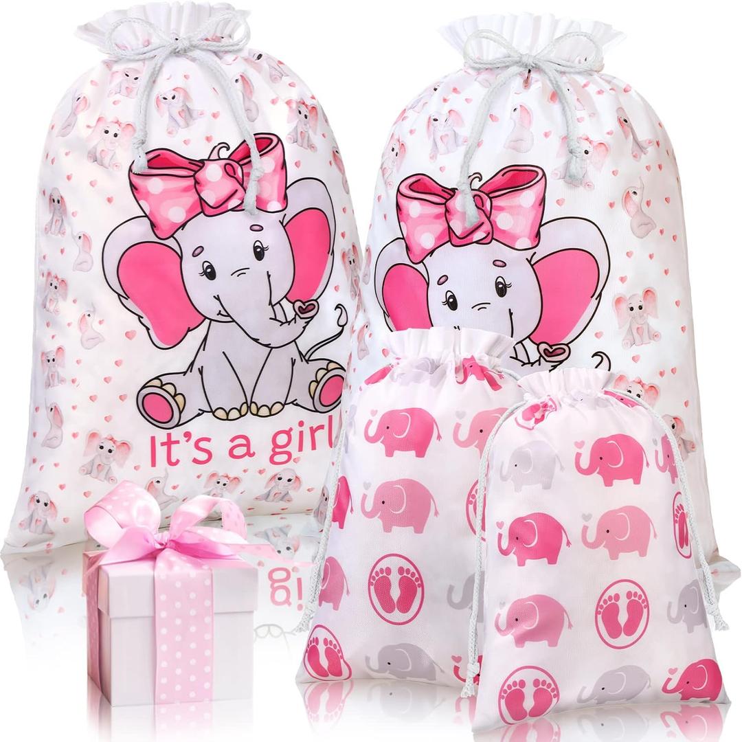 Sadnyy 4 Pcs Baby Girl Shower Gift Bags Large Pink Elephants Drawstring Fabric Treat Wrap Bags for Baby Shower Child's Birthday Gender Reveal Party