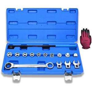 Yuesstloo 15pcs Universal Ratcheting Serpentine Belt Tool Set, Serpentine Belt Removal Installation Tensioner Kit with Ratcheting Wrench, Crowfoot Wrenches, Socket Adapters, 6-Point Sockets, Blue Case
