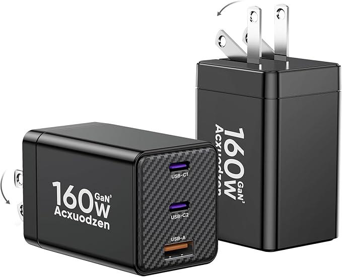 [2 Pack] USB C Charger Block 160W, 3-Port GaN Super Fast Charger, Dual 65W Type C Charging Block, Foldable QC3.0 Laptop Fast Charging Adapter for MacBook, iPhone, Samsung, Galaxy, iPad, Android, Black