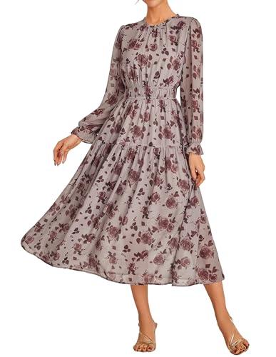 GRACE KARIN Women's Casual Fall Dresses Floral Smocked Tiered Long Dresses Wedding Guest Chiffon Dress with Pockets Khaki Small