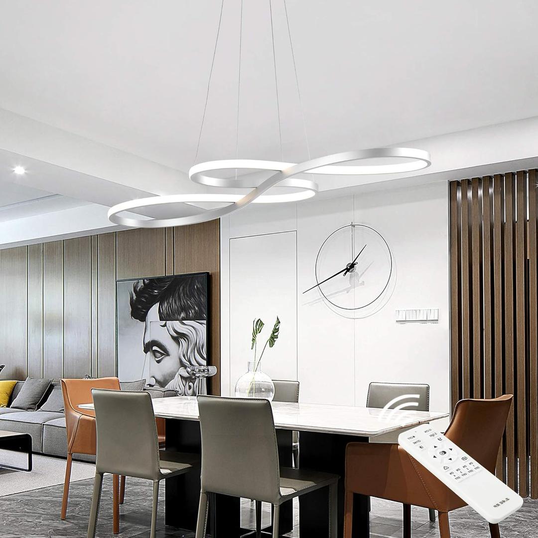 Modern LED Chandelier Dining Room Pendant Light Dimmable Creative Chandelier Remote Control Color/Brightness 3000-6000K Adjustable Hanging Lamp for Bedroom Living Room Kitchen 60W (Silver)
