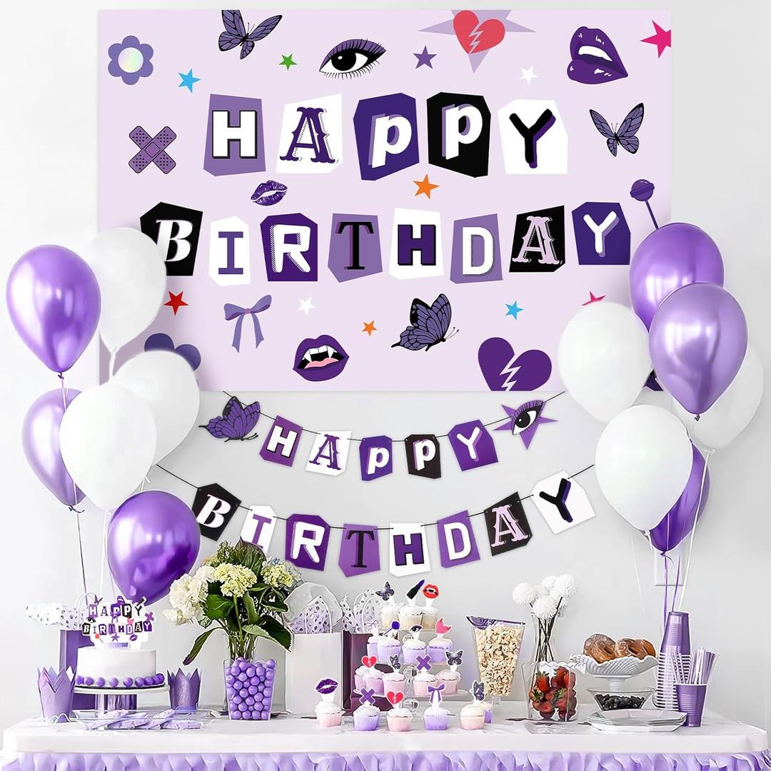 Grencian Purple Birthday Decorations for Women Girls Happy Birthday Backdrop Banner Balloons Cake Toppers for Music Fans Gathering Themed Celebrations Purple Birthday Party Supplies
