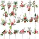 CCINEE Artificial Christmas Picks 20 Pack Assorted Holly Berry Stems Frosted Pine Cones Faux Red Berries White Floral Picks Sprays for Xmas Tree Vase Crafts Garland Christmas Wreath Decoration