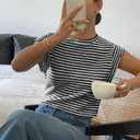 Women's Fashion Vests Crew Neck Striped Knit Short Sleeve Top (Black)