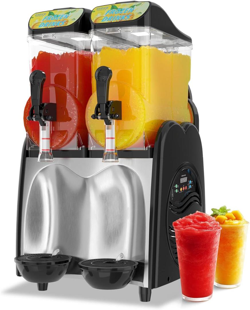 GSEICE Slushie Machine 8 Gallons Commercial Slushy Machine Stainless Steel for Beverage Slushies Cider Slushes, 110V/60Hz Margarita Machine with 2 Tanks for Business Mobile Bar Party Restaurant (Black)