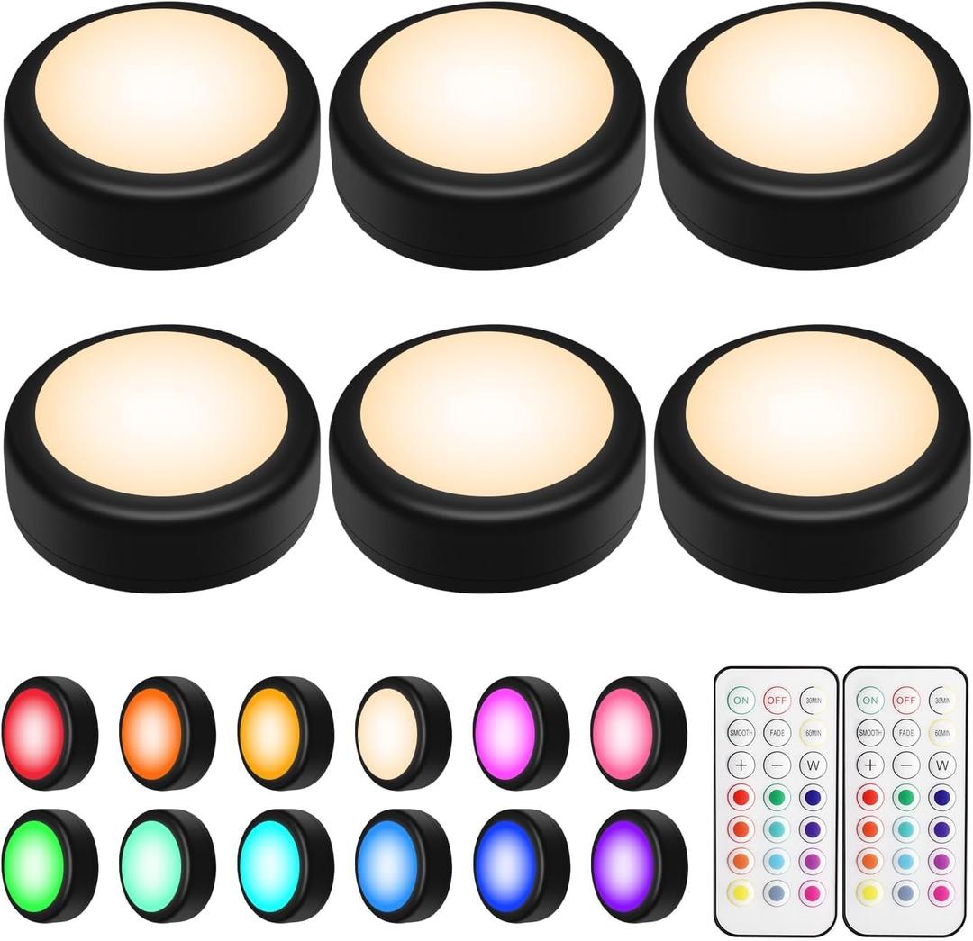 BLS LED Puck Lights with Remote Control, Wireless Under Cabinet & Closet Lighting, RGB 13 Color Changing Lights with Dimmer, Timer & AA Battery Operated, Push, Touch, Stick on for Night, Black, 6 Pack