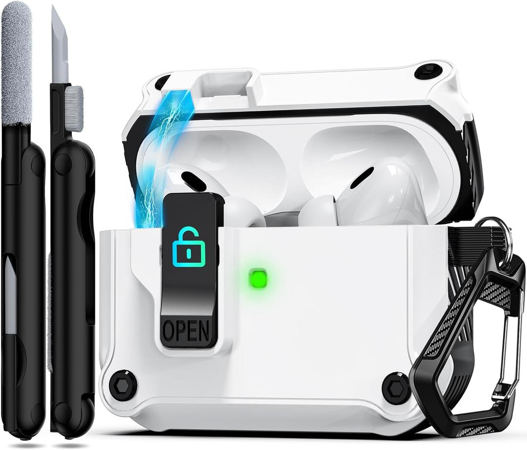 RFUNGUANGO for AirPods Pro Case Cover with Secure Lock Clip, Automatic Pop-up Case Full-Body Shockproof Hard Protective Cover for AirPods Pro 2023/2022/2019 - White
