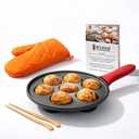 KUHA Cast Iron Aebleskiver Pan | Pre-Seasoned Pan for Authentic Danish Pancake Making, Poffertjes, Takoyaki, Appam & Paniyaram | Silicone Handle, Oven Mitt & Bamboo Skewers Included | 7.9" Diameter