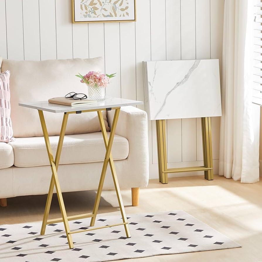 4-Piece Folding Snack Table Set with Storage Rack - Chic Marble & Gold Dm50bz01