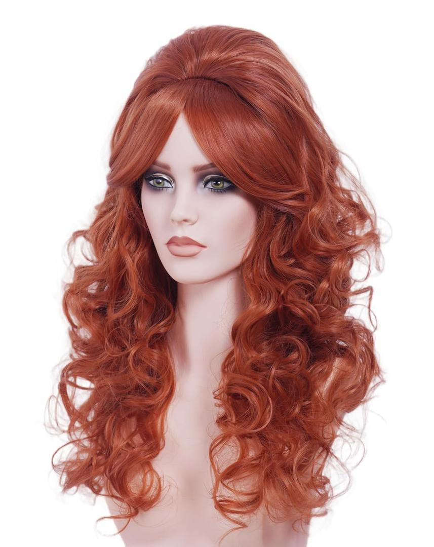 22 Inches Retro Beehive Ginger Wigs for Women Long Wavy Copper Red Wig with Bangs Synthetic Natural Auburn Wig for 60s 70s 80s Cosplay,Halloween,Daily Use
