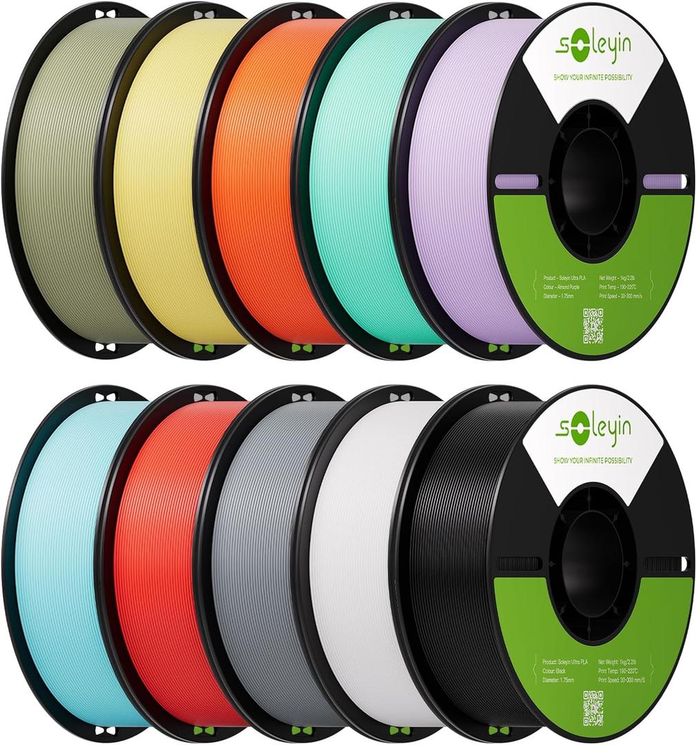 Soleyin PLA Filament 1.75mm 10 Pack 10KG, 3D Printer Filament 1kg Spool Each, Neatly Wound & Tangle-Free, High-Speed Printing, 0.02mm Accuracy, Strong Adhesion, 10 Colors Pack for FDM Printers