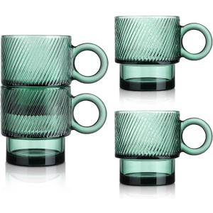 Joeyan Green Glass Coffee Mugs with Handle,Stackable Glass Coffee Cups with Striped Design,Drinking Glasses for Espresso Cappuccino Latte Tea Milk,10 oz,Set of 4,Dishwasher Safe