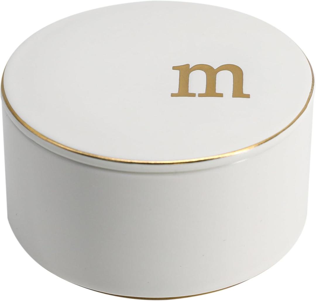 COLLECTIVE HOME - Ceramic Jewelry Box, Elegant Embossed Jewelry Holder, Trinket Organizer with Gold Monogram Lid, Storage for Ring Necklace Bracelet Earrings, Rings and Accessories (m)