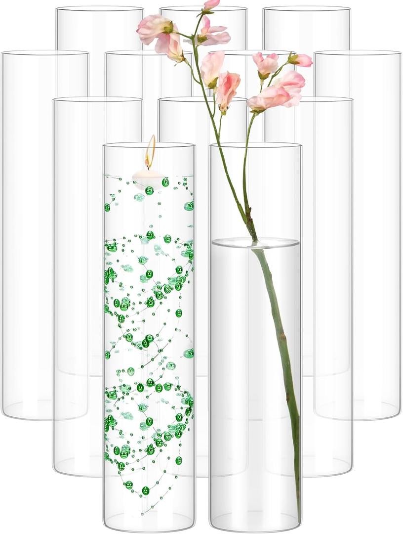 12 Pack Glass Cylinder Vases 14 Inch Tall Clear Flower Vase for Centerpieces, Hurricane Floating Candle Holder Wedding Decorations, Floral Vase Bulk for Table Shelf Party Home Deco (14 x 3.35 Inch)