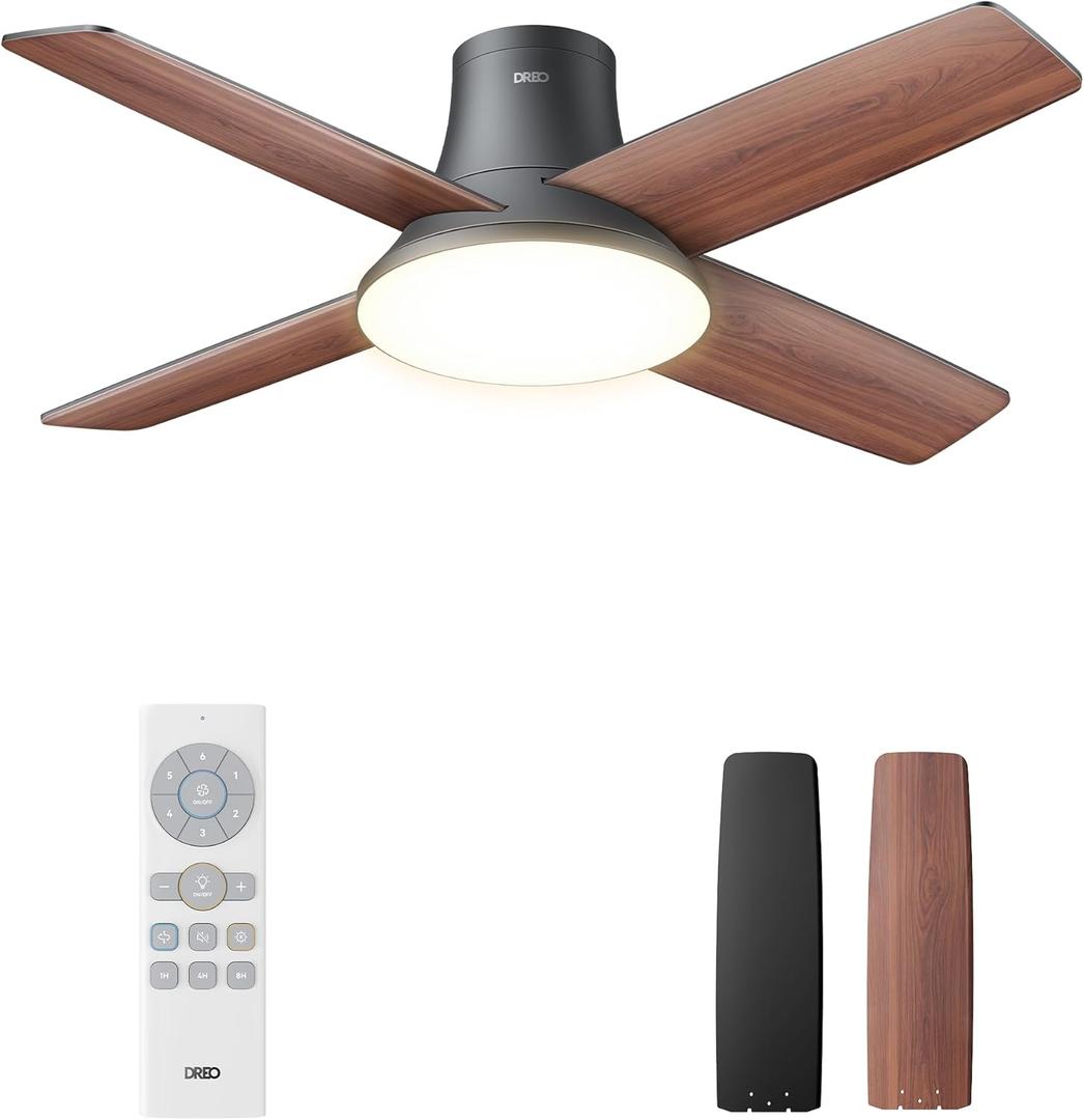 Dreo Ceiling Fans with Lights and Remote, 44 Inch Low Profile, Black Flush Mount Bedroom Ceiling Fan, Reversible Motor, 5CCT LED, 6-Level Dimmable, 6-Speed, Quiet, Timer, Easy-Install