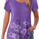 Zeagoo Womens Tops Petal Short Sleeve Summer Casual Crew Neck Shirts Floral Solid Blouse Pleated Tunics, M