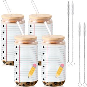 Baderke 4 Set Back to School Gifts Cups for Teacher 16 oz Drinking Tumbler Glass with Lids and Straws First Day of School Coffee Cups Bulk Thank You Gifts for Women (Notebook Line and Pencil)