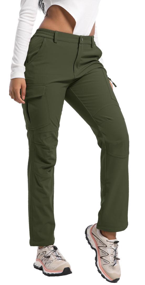 AREOUTS Women's Snow Ski Pants Fleece Lined Waterproof Softshell Insulated Winter Outdoor Hiking Cargo Pants Army Green XS (XS)