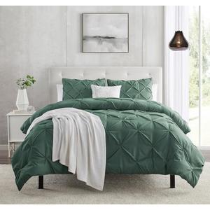 Forest Green Duvet Cover Full Size - Pintuck Full Size Duvet Cover Set, 3 Piece Double Brushed Duvet Cover with Button Closure, 1 Pinch Pleated Full Duvet Cover 80x90 inches and 2 Pillow Shams