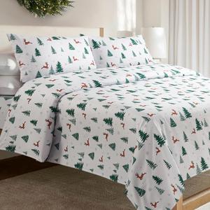 Sheet Set King Size 4PC Printed Bed Sheets Fawn Christmas Tree Soft Microfiber 15Deep Pocket Sheet Set, Easy Care, Breathable, Wrinkle Free, Machine Washable Bed Set
