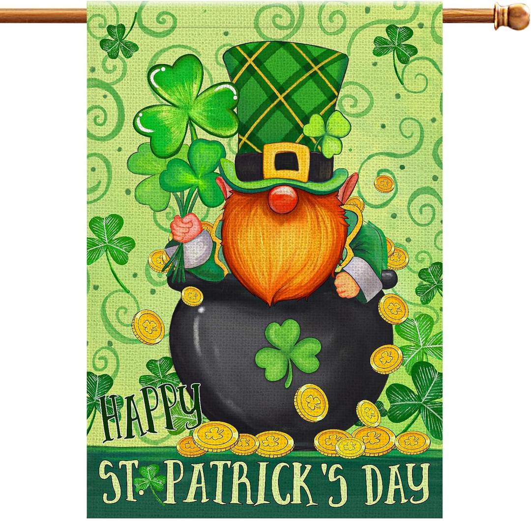 Happy St Patricks Day Gnome House Flag Burlap 28x40 Double Sided, Green Leprechaun Hat Shamrock Lucky Clover Holiday Party Sign Large Flags Yard Outdoor Decorations DF656-28