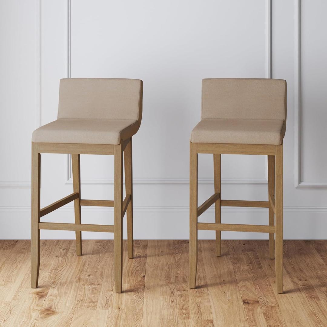 Nathan James Gracie Modern Bar Stool with Back, Cushioned Bar Height Stool with Natural Flax Upholstery and Brushed Wooden Legs, Natural Flax/Brown, Set of 2 (Medium Brown/Beige)