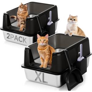 2PACK Stainless Steel Litter Box, Extra Large XL Odor Free Metal Litter Box with High Sides, Open Top Litter Pan Include Scoop Easy Cleaning Anti-Scratch Kitty Cat Box Anti-Urine Leakage, Non-Sticky (Black)