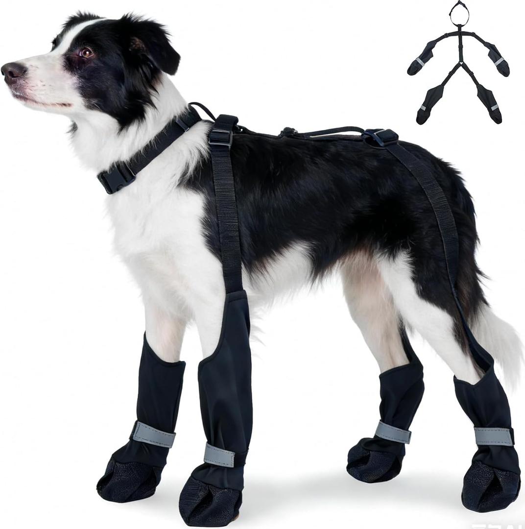 XL Black Stay-On Suspender Dog Boots | Anti-Slip Waterproof | Adjustable Dog Shoes Paw Protector for Medium/Large Dogs Outdoor Walking Hiking Hot Pavement Winter Snow