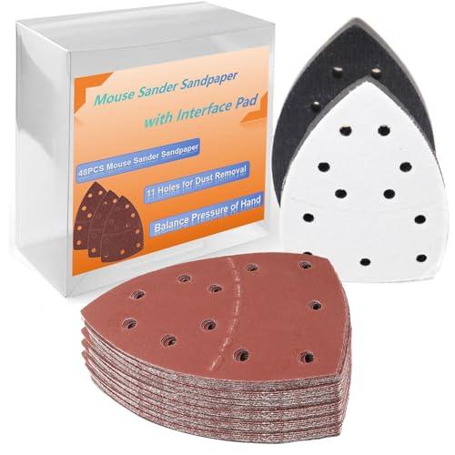 20pcs 152 * 105mm Sand Paper Mouse Sander Sandpaper 40-2000 Grits with 2pcs Detail Sander Paper Interface Pad Hook and Loop Triangle Sanding Pads with 11 Holes for Sanding Machine