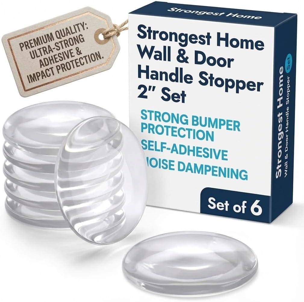 STRONGEST HOME Wall Protector for Door Knobs, 2-Inch - Clear Self-Adhesive Door Stopper Guards - Quiet Rubber Bumpers for Wall Protection, 6-Pack