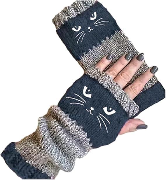 Womens Knitted Fingerless Gloves with Cat Embroidery,Thick Warm Winter Gloves,Essential for winter travel (Navy Blue)