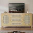 DWVO TV Stand 3 Drawer Dressers Storage Cabinet Natural Rattan Oak Wooden Chest with Golden Handles - Modern Large Closet Boho for Living Room/Hallway/Entryway