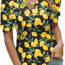 Romanstii Women Casual V-Neck T-Shirts Loose Puff Short Sleeve Tops Tunic Blouses (Small, Black & Lemon Pattern)