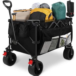 HAUSPROFI Collapsible Wagon Cart, 400 lbs Capacity, 7 cu ft (200L) Large Storage, Heavy Duty Foldable Utility Wagon with Pockets, Beach Wagon with Big Wheels for Sand, Garden, Camping & Grocery