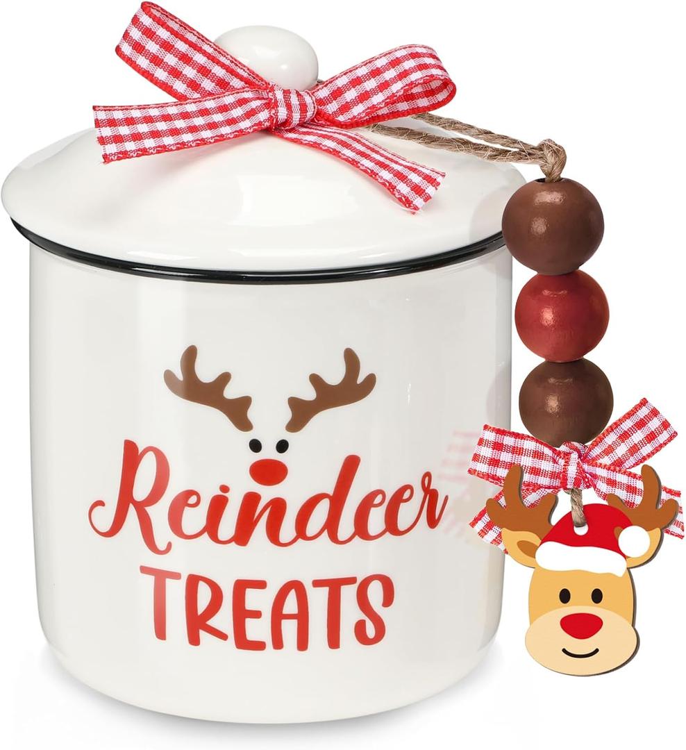 Nefelibata Christmas Reindeer Treats Ceramic Canister Tiered Tray Decor Xmas Mini Candy Jar Bowl Candy Holder with Buffalo Plaid Bowknot Wooden Beads Home Table Centerpiece Decoration Supplies