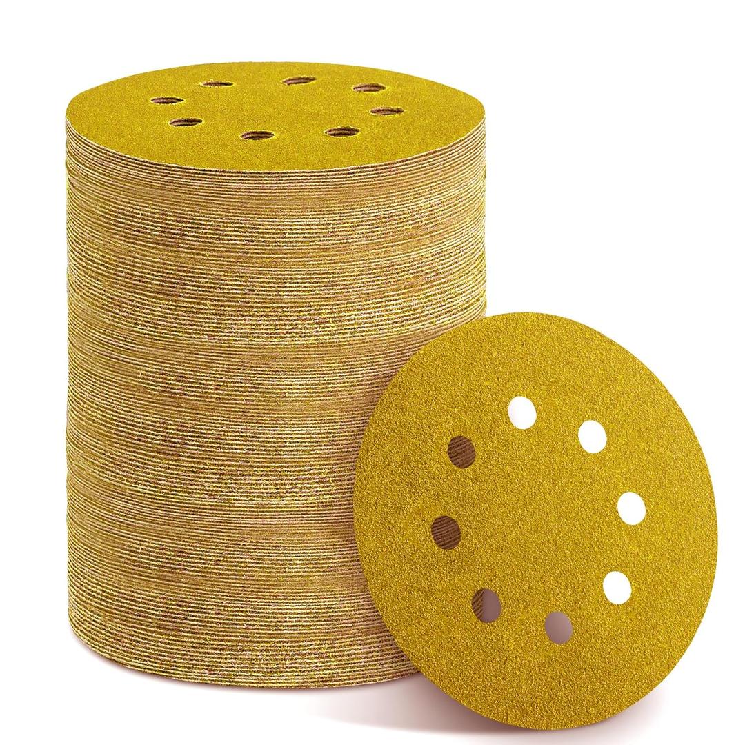 YEHBS 150PCS Gold Sanding Discs Set, 5-Inch 8-Hole Sandpaper for Random Orbital Sander, Including 60,80,120,150,240,320,400 Grit, for Automotive or Woodworking