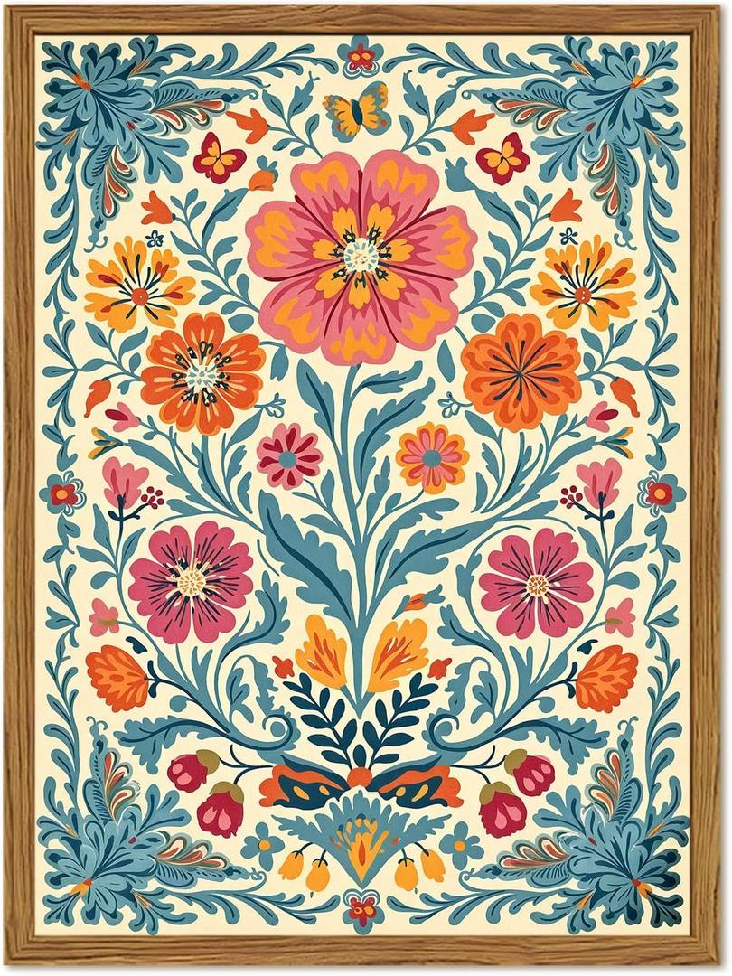 Framed Vintage Mexican Floral Canvas Wall Art, Colorful Folk Flower Wall Decor Pictures, Boho Botanical Painting Prints Rustic Home Decor for Living Room Bedroom 16x24 inch