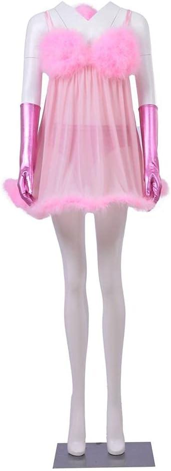 CosplayDiy Women's Cosplay Pink Fembot Costume Dress Adult Sexy Robot Costume Feather Lingerie Set, Size: XS