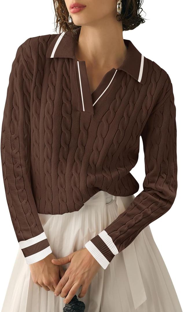 Micoson Womens Sweaters Fall Long Sleeve Lapel V Neck Sweater Cable Knit Pullover Casual Soft Jumper Top (Large, Brown and White Stripe)