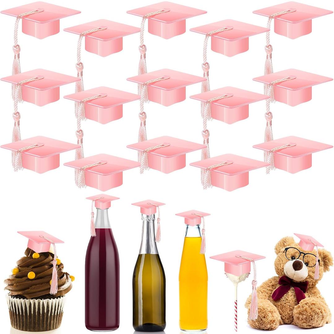 Qunclay 30 Pieces Mini Graduation Cap Pink Hats with Pink Tassels Plastic Grad Cake Pops Cover Toppers for Graduation Party Decorations
