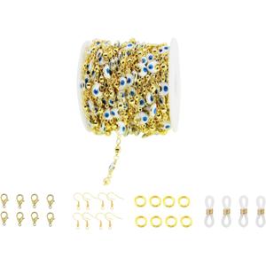 PAMIR TONG Handmade Turkish Evil Eye Beaded Link Chain with Golden Plated Brass Findings for Bracelet Necklace Glass Mask Decoration Shoes Clothes Jewelry Making (CC49)