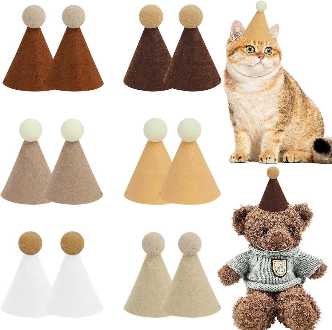 12 Pack Mini Party Hats for Stuffed Animals, Brown Mini Hats with Pom Poms for Dolls Dog Birthday Party Hats for Dog Cat Pet Birthday Decoration Boho Autumn DesignDecorations