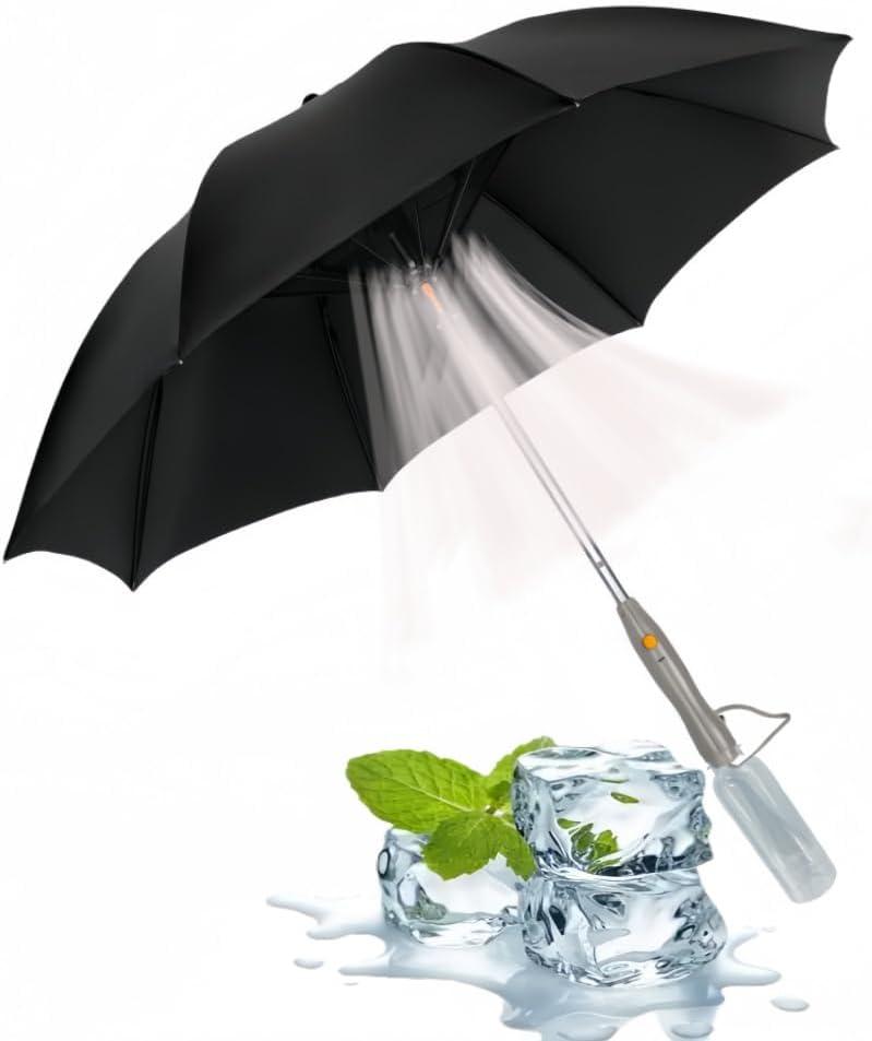 Umbrella with Fan & Mist Spray - Rechargeable UV Protective Cooling Umbrella for Patio, Beach, Travel | Portable Misting System & Detachable Water Bottle Included