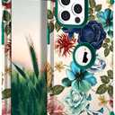 Hocase Heavy Duty Case for iPhone 13 Pro Max, Teal Flowers | Shockproof Protection Soft Silicone Rubber+Hard Plastic Bumpers Hybrid Protective Case for Women & Girls