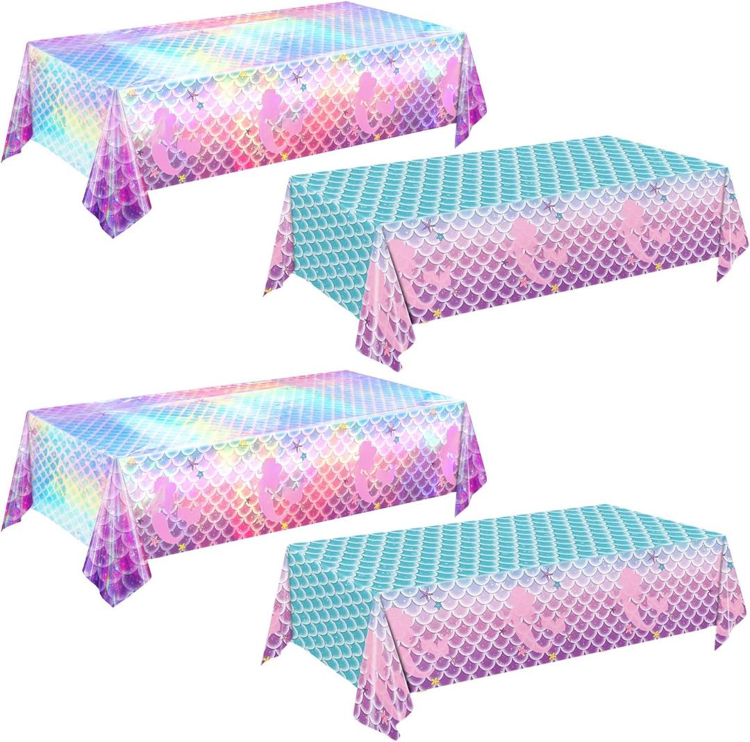 4 Pack Mermaid Tablecloth Mermaids Laser Table Cover for Girls Mermaid Birthday Party Decorations, 108x54 Inch