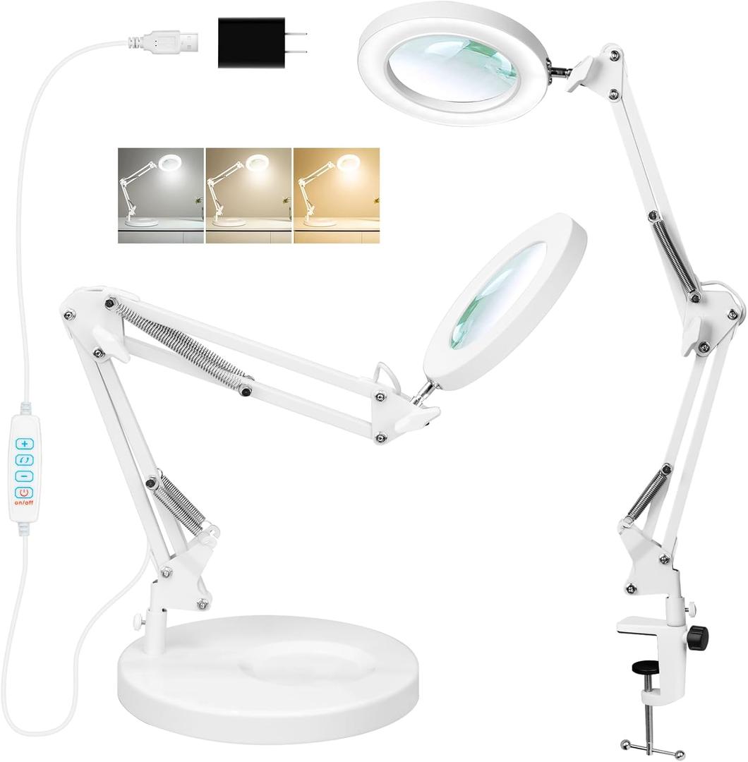 KIRKAS 10X Magnifying Glass with Light and Stand, 2-in-1 Stepless Dimmable LED Magnifying Lamp with Clamp, 3 Color Modes Lighted Magnifier Lens Swivel Arm Light for Reading, Craft, Close Works -White