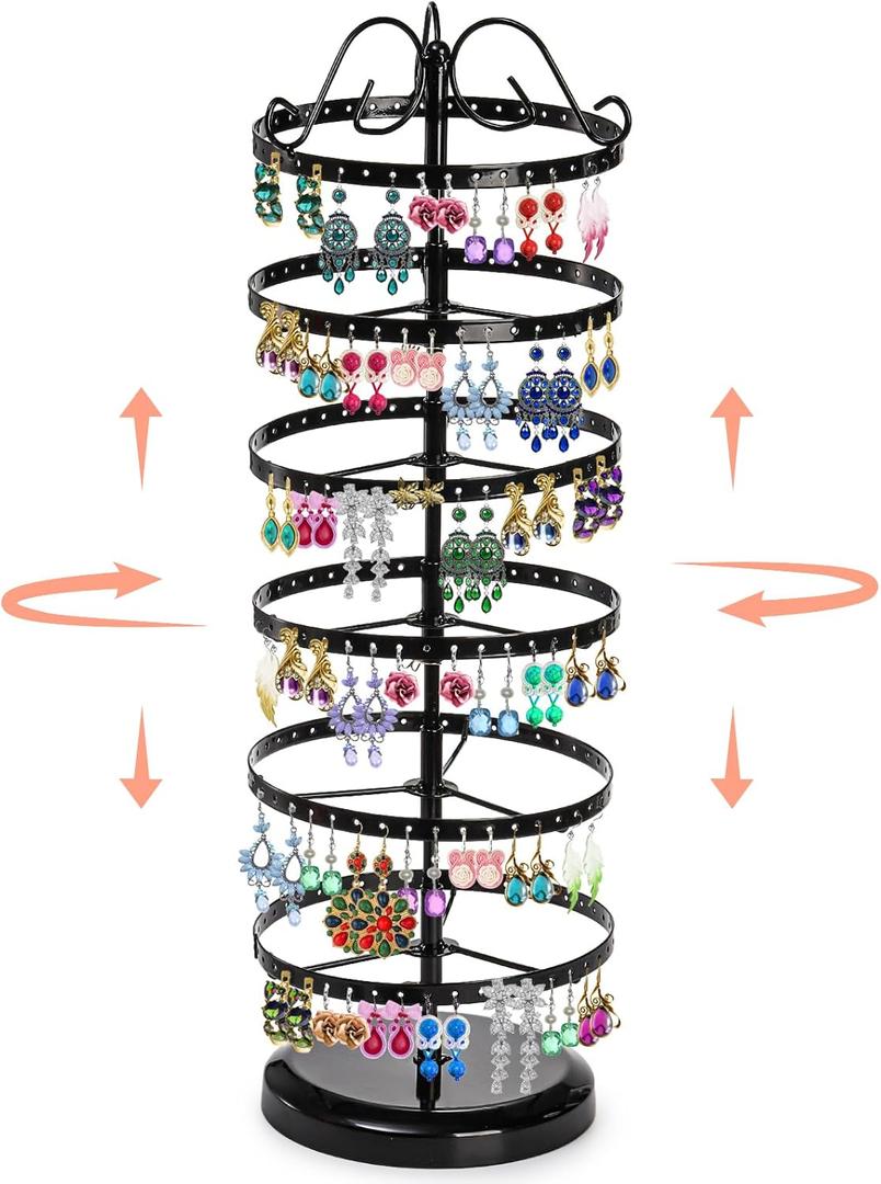 DEAYOU 6 Tiers Rotating Earring Holder Organizer, 264 Holes Metal Pierced Earring Display Stand Rack, Adjustable Hanging Earring Tree Organizer for Women, Girl, Selling, Black