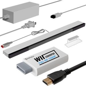 PORTHOLIC 4 in 1 Wii Replacement Cables Set, Wii AC Power Adapter + Wii to hdmi Converter+ Wired Motion Sensor Bar and Composite Audio Video Cable for Nintendo Wii