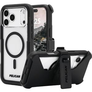Pelican Voyager iPhone 17 Pro Max Case [Compatible with MagSafe] Rugged Phone Case, 24ft Military-Grade Drop Protection - Heavy Duty Cover w/Belt Clip Holster for iPhone 17 Pro Max - Black/Clear